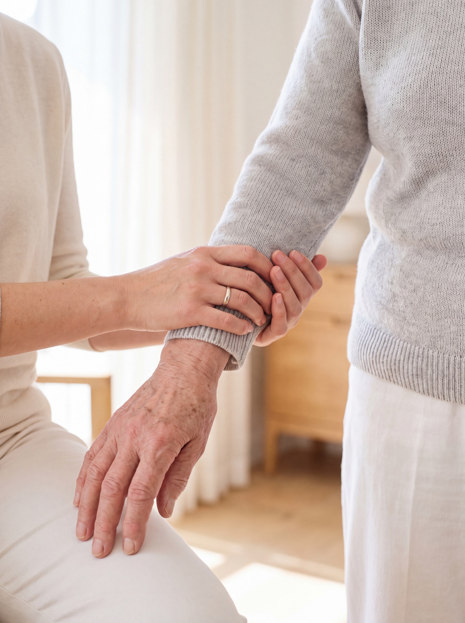 A carer's hands gently holding an older person's arm.